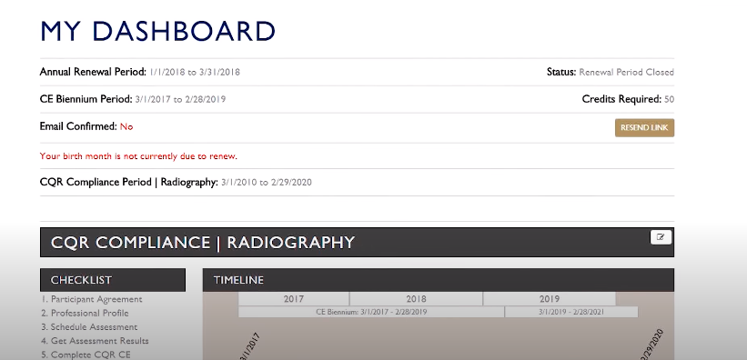 ARRT Continuing Qualifications Requirements Dashboard and compliance period